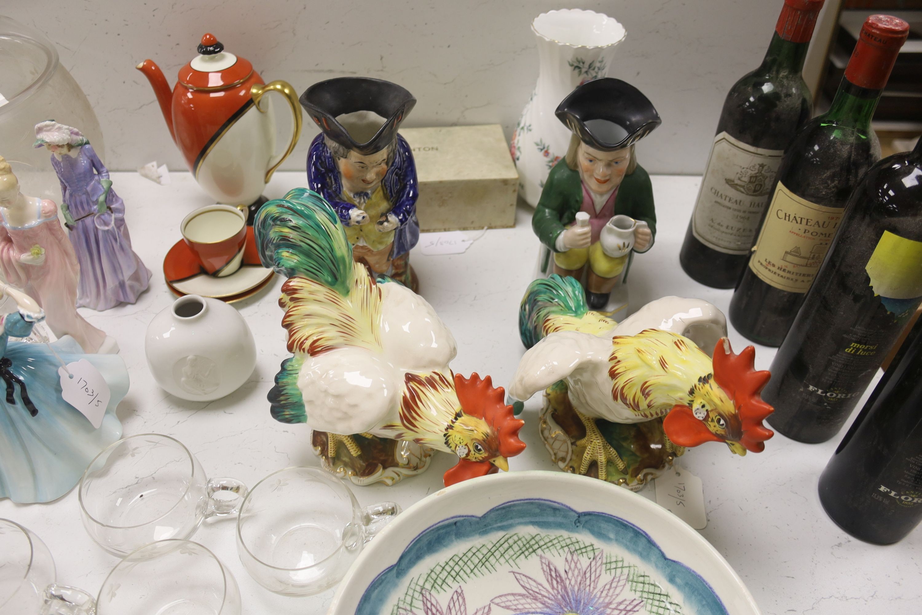 Three Royal Doulton figures, a pair of vintage Italian Art pottery cockerels and sundry china